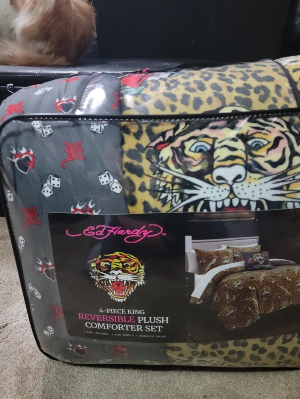 Ed Hardy Leopard & Tiger Print Plus 4 Piece Comforter Set with Red Accents New
